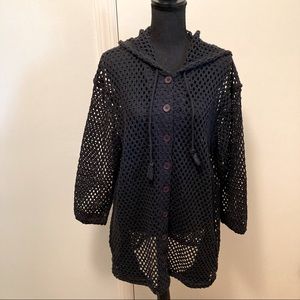 Vintage Westbound Beach Coverup Crocheted Mesh Button Down With Hood Size L